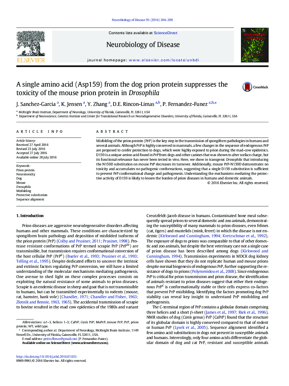 A single amino acid (Asp159) from the dog prion protein suppresses the toxicity of the mouse prion protein in Drosophila