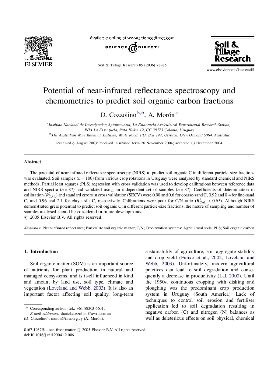 Potential of near-infrared reflectance spectroscopy and chemometrics to predict soil organic carbon fractions