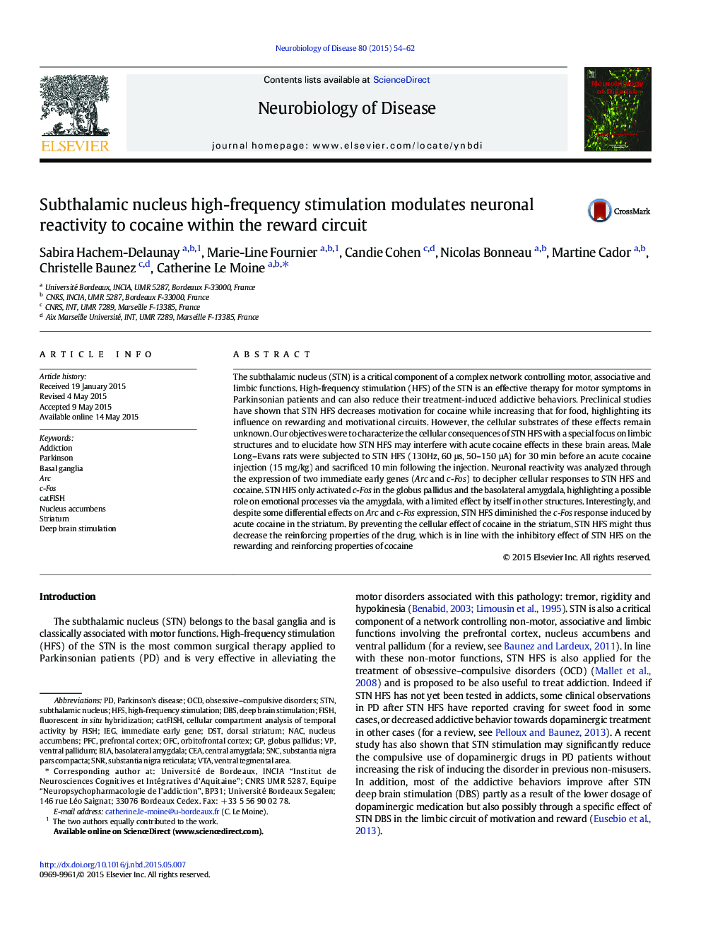 Subthalamic nucleus high-frequency stimulation modulates neuronal reactivity to cocaine within the reward circuit