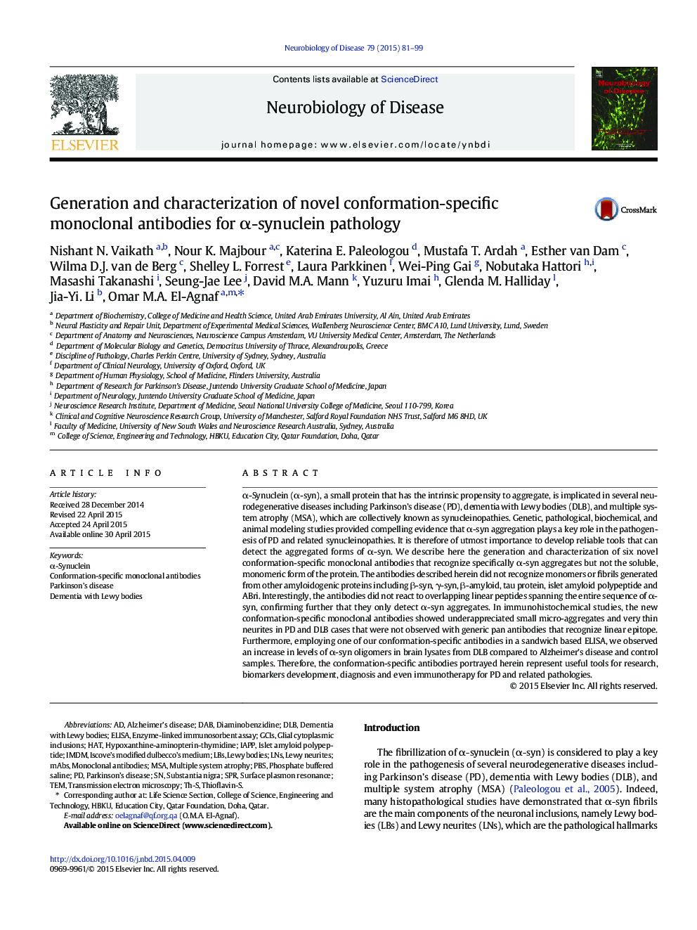 Generation and characterization of novel conformation-specific monoclonal antibodies for α-synuclein pathology