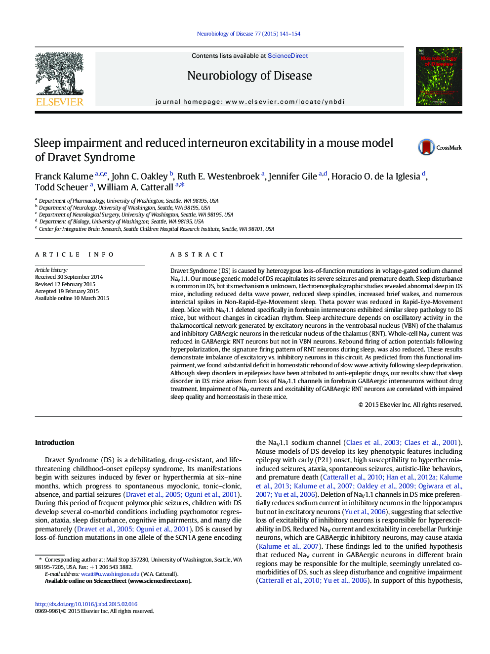 Sleep impairment and reduced interneuron excitability in a mouse model of Dravet Syndrome