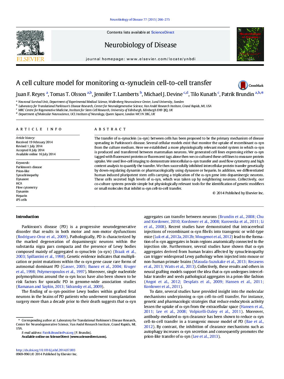 A cell culture model for monitoring α-synuclein cell-to-cell transfer