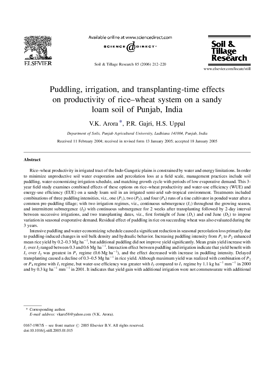 Puddling, irrigation, and transplanting-time effects on productivity of rice–wheat system on a sandy loam soil of Punjab, India