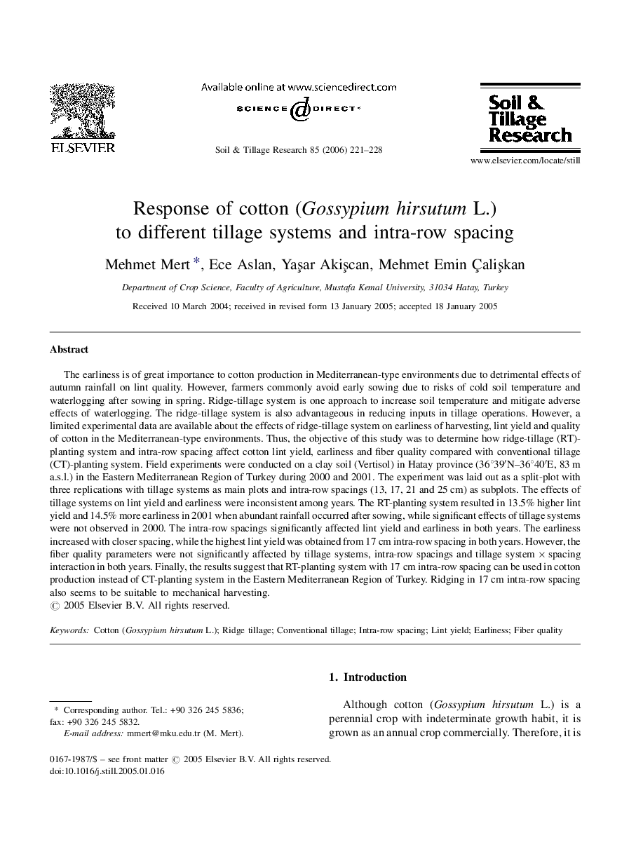 Response of cotton (Gossypium hirsutum L.) to different tillage systems and intra-row spacing