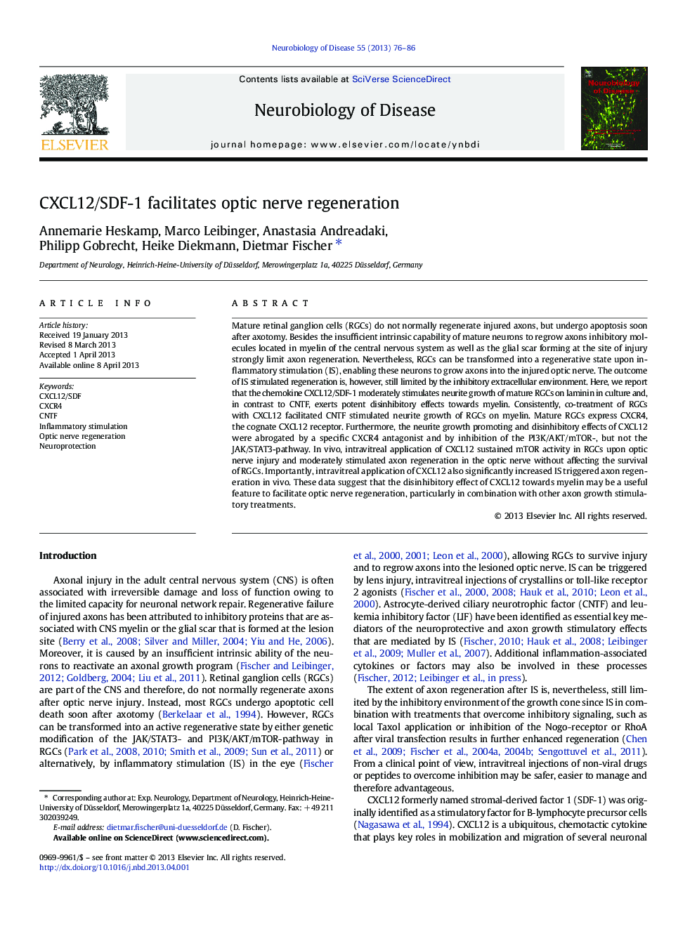 CXCL12/SDF-1 facilitates optic nerve regeneration