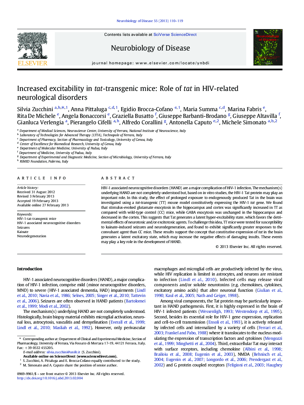 Increased excitability in tat-transgenic mice: Role of tat in HIV-related neurological disorders