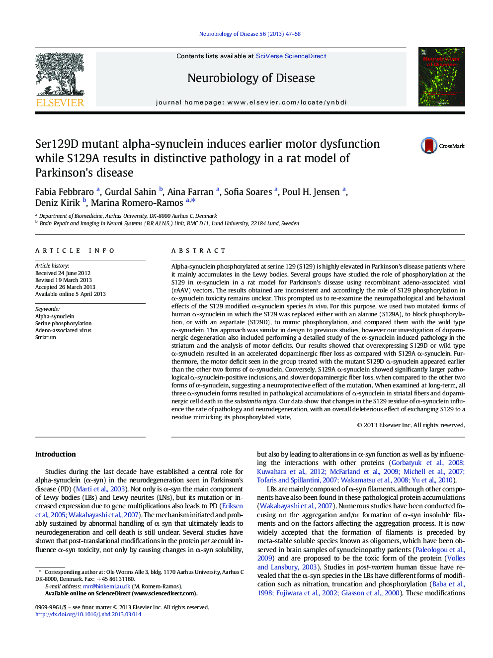 Ser129D mutant alpha-synuclein induces earlier motor dysfunction while S129A results in distinctive pathology in a rat model of Parkinson's disease