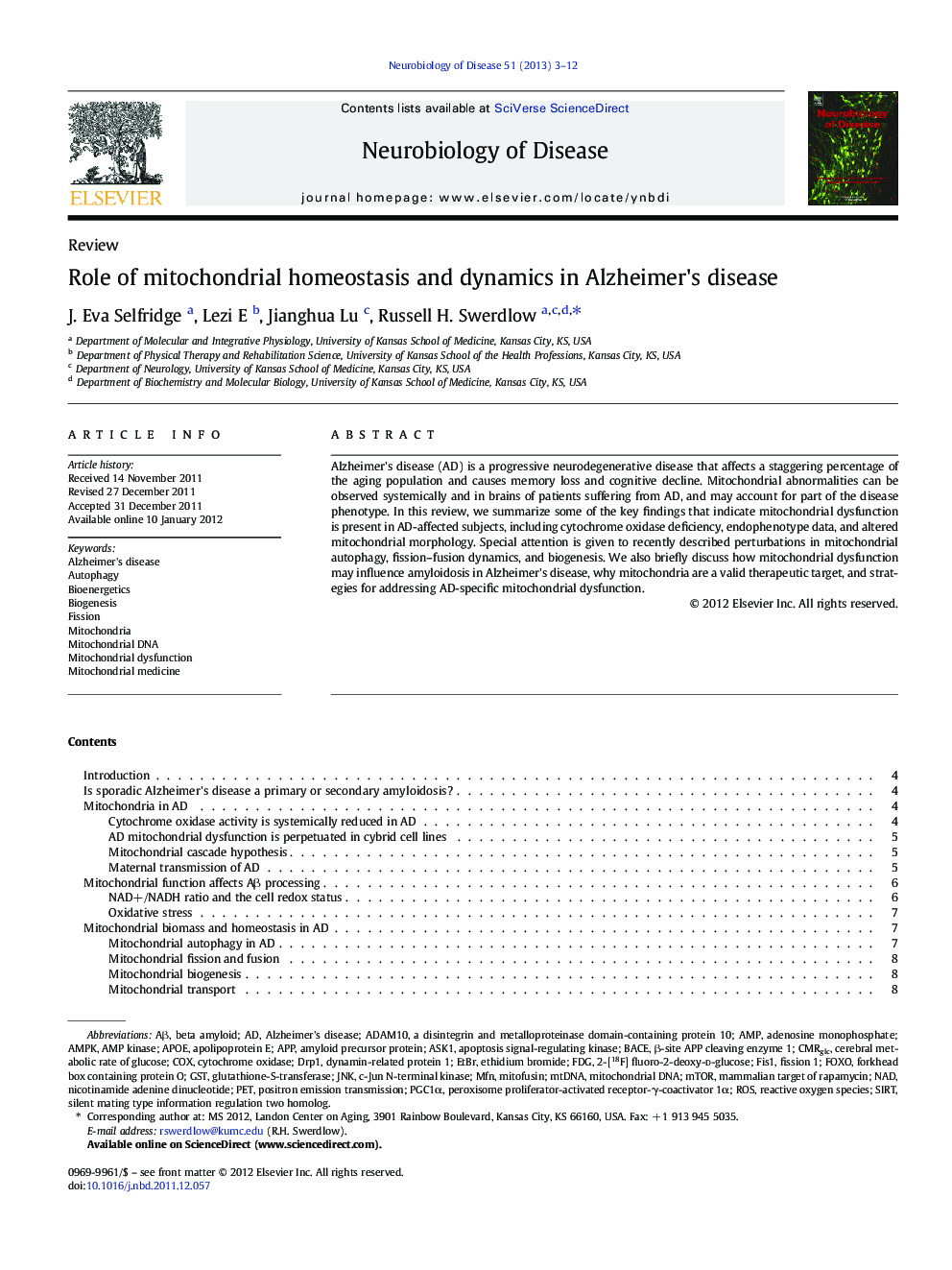 Role of mitochondrial homeostasis and dynamics in Alzheimer's disease