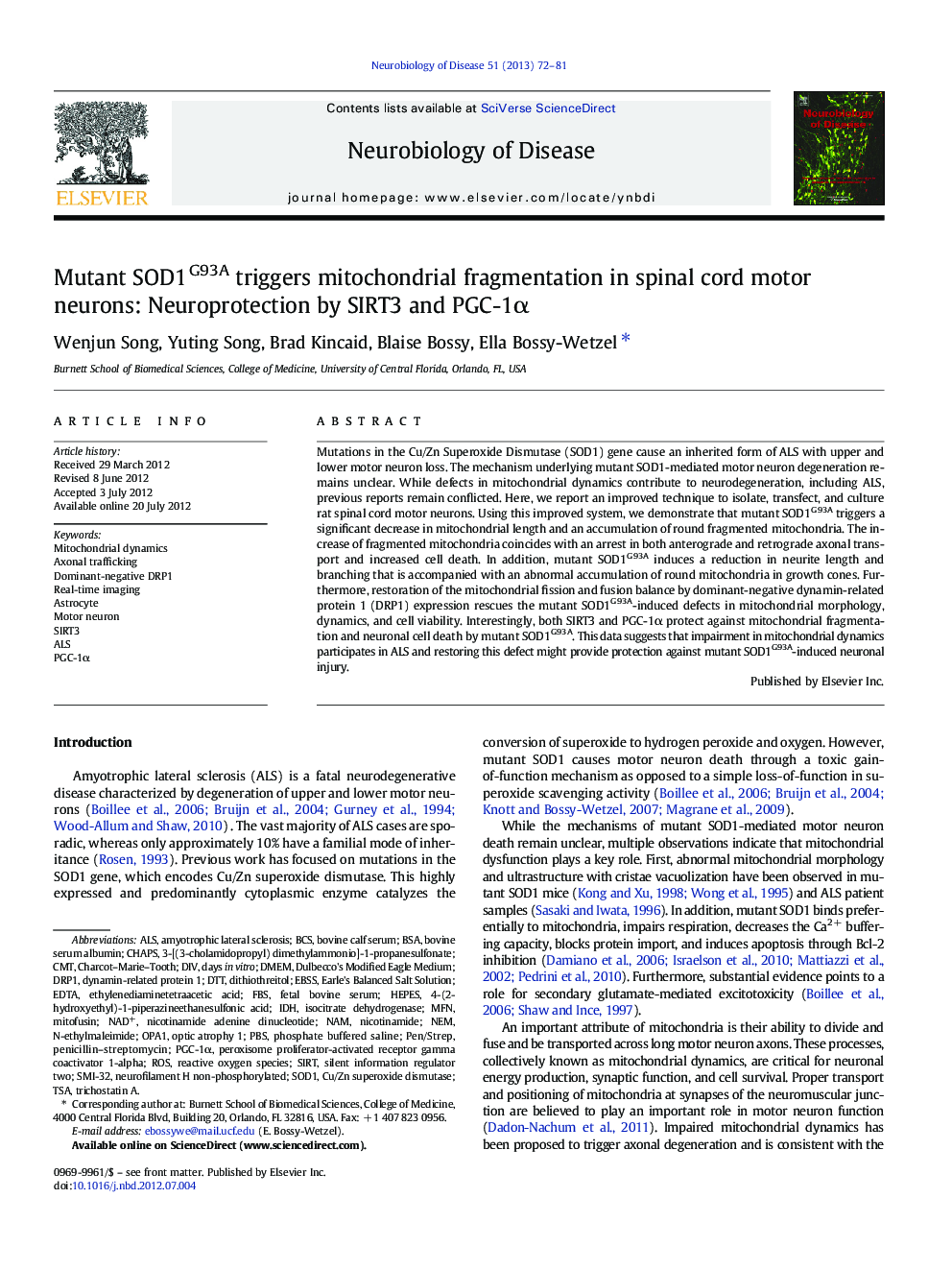 Mutant SOD1G93A triggers mitochondrial fragmentation in spinal cord motor neurons: Neuroprotection by SIRT3 and PGC-1α