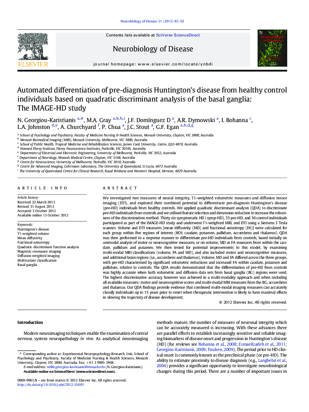 Automated differentiation of pre-diagnosis Huntington's disease from healthy control individuals based on quadratic discriminant analysis of the basal ganglia: The IMAGE-HD study