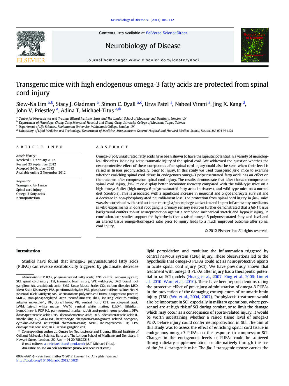 Transgenic mice with high endogenous omega-3 fatty acids are protected from spinal cord injury