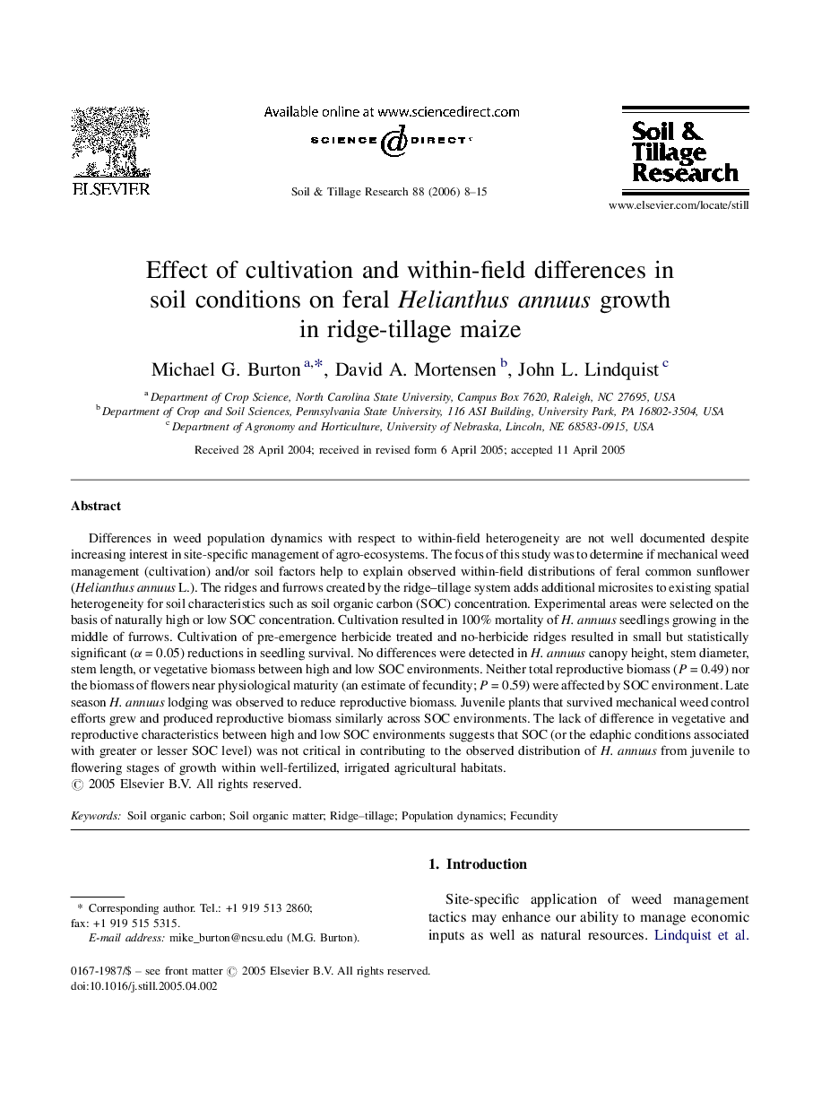 Effect of cultivation and within-field differences in soil conditions on feral Helianthus annuus growth in ridge-tillage maize