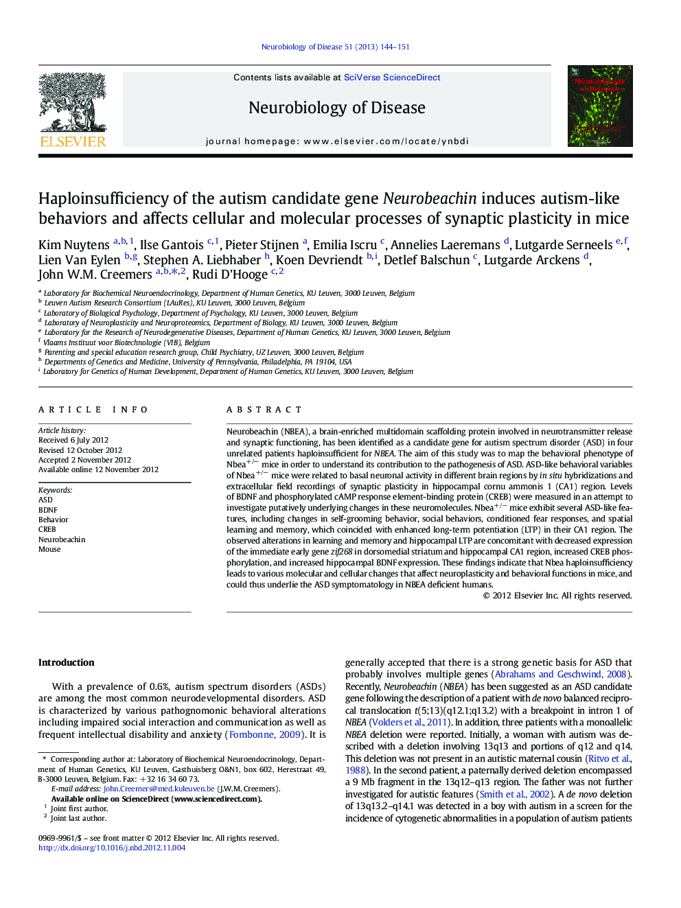 Haploinsufficiency of the autism candidate gene Neurobeachin induces autism-like behaviors and affects cellular and molecular processes of synaptic plasticity in mice