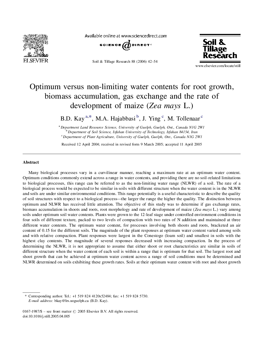 Optimum versus non-limiting water contents for root growth, biomass accumulation, gas exchange and the rate of development of maize (Zea mays L.)