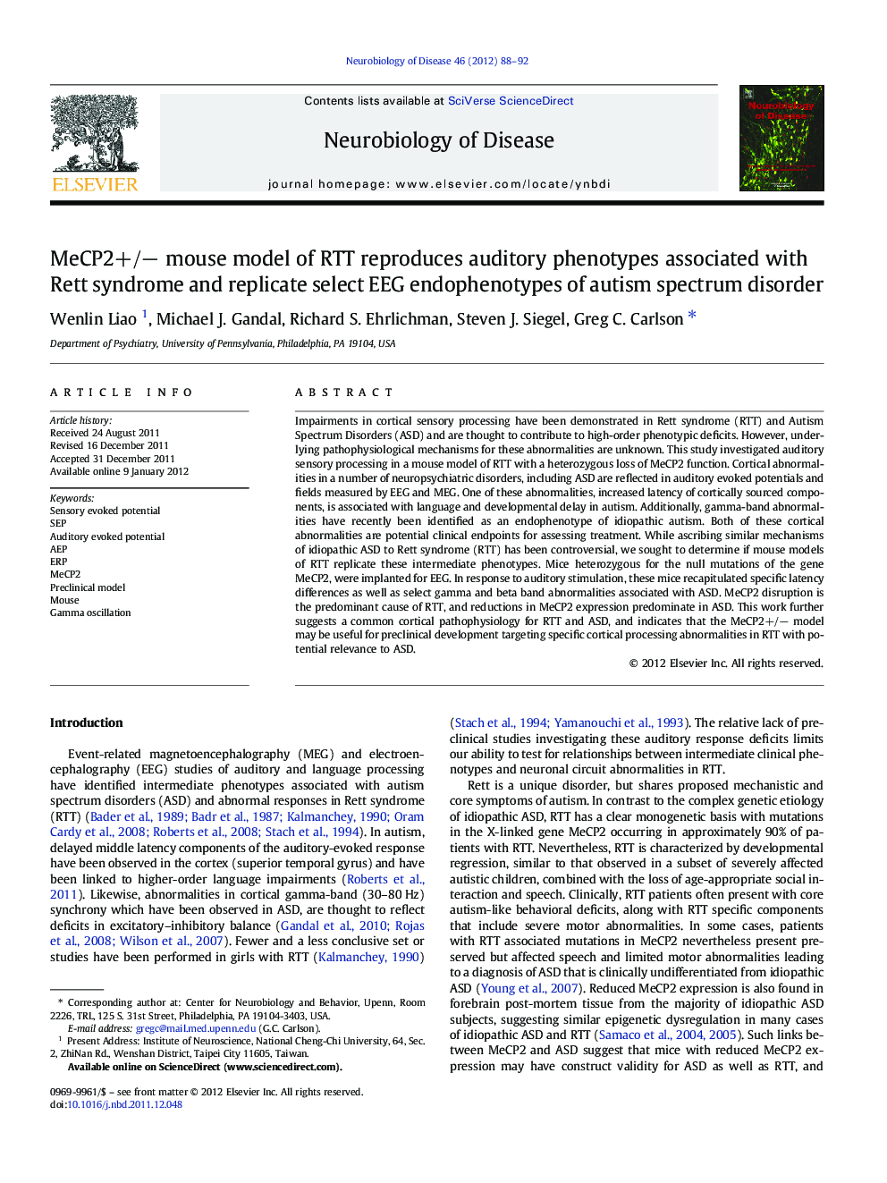 MeCP2+/− mouse model of RTT reproduces auditory phenotypes associated with Rett syndrome and replicate select EEG endophenotypes of autism spectrum disorder