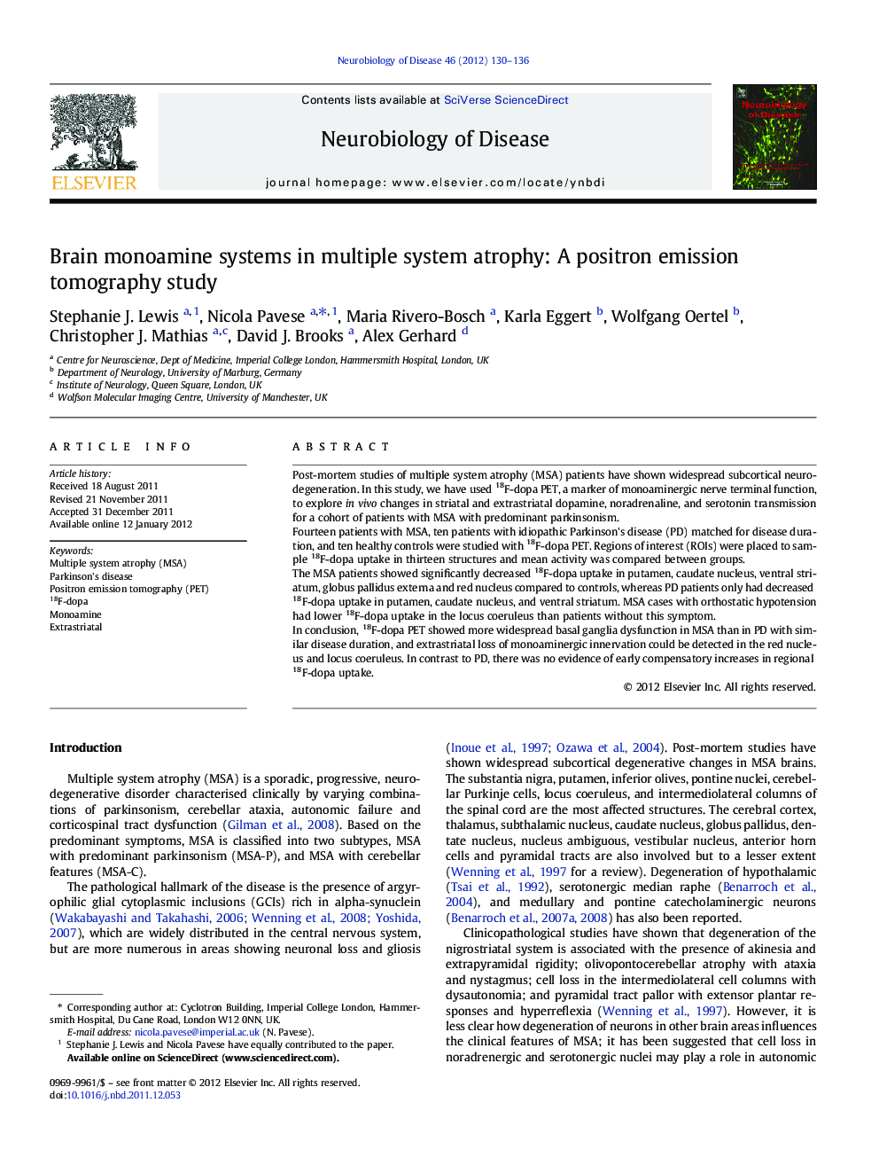 Brain monoamine systems in multiple system atrophy: A positron emission tomography study