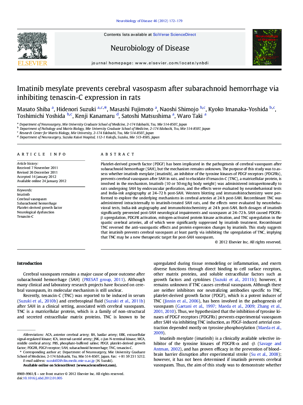 Imatinib mesylate prevents cerebral vasospasm after subarachnoid hemorrhage via inhibiting tenascin-C expression in rats