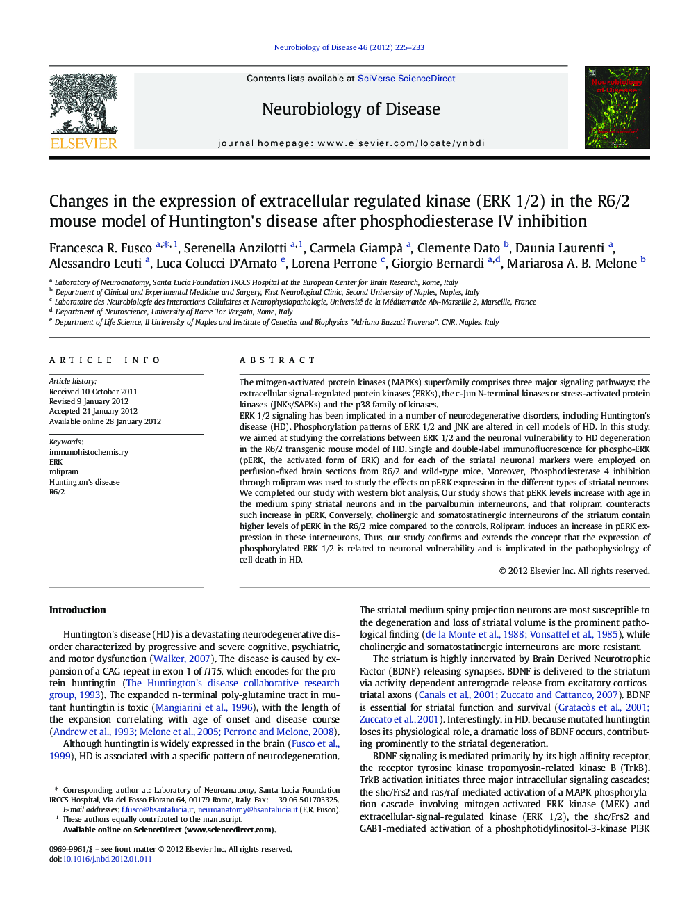 Changes in the expression of extracellular regulated kinase (ERK 1/2) in the R6/2 mouse model of Huntington's disease after phosphodiesterase IV inhibition