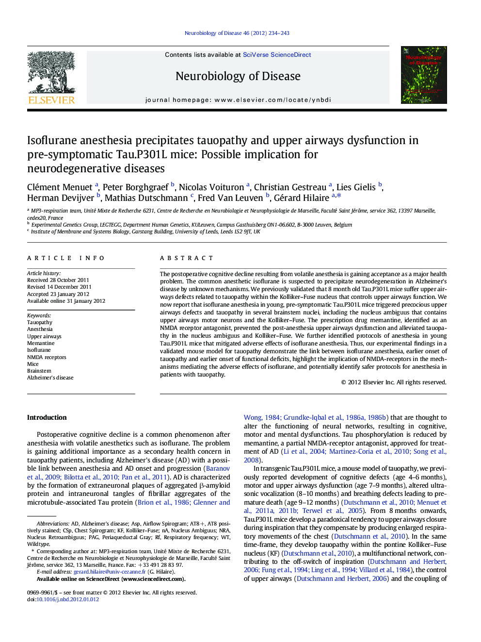 Isoflurane anesthesia precipitates tauopathy and upper airways dysfunction in pre-symptomatic Tau.P301L mice: Possible implication for neurodegenerative diseases