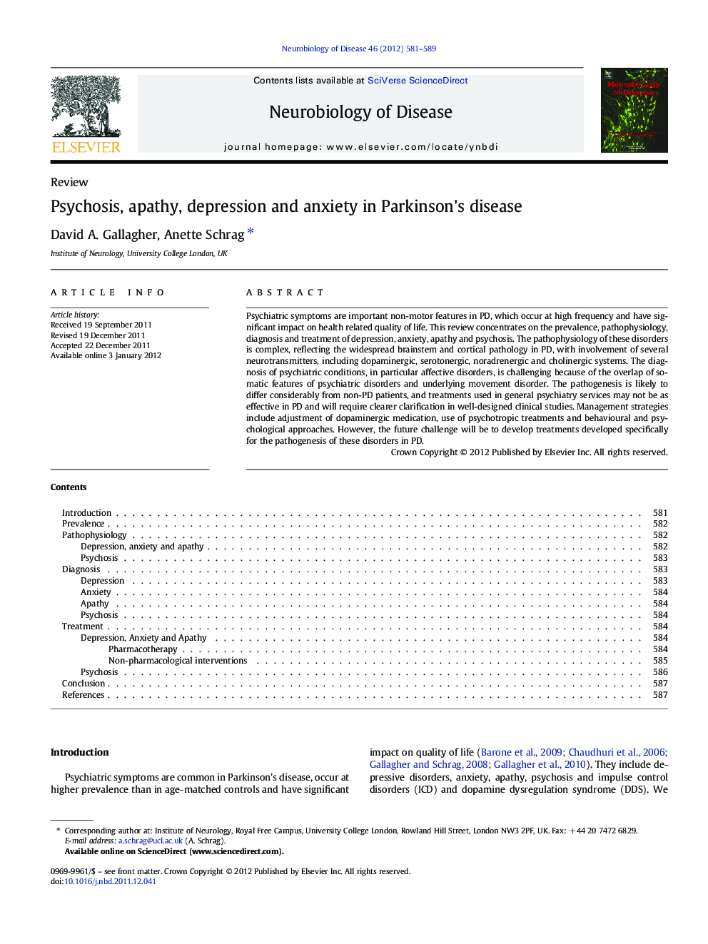 Psychosis, apathy, depression and anxiety in Parkinson's disease