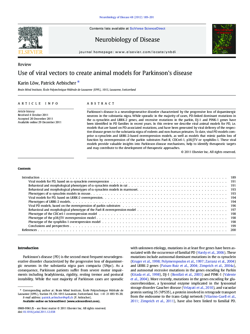 Use of viral vectors to create animal models for Parkinson's disease