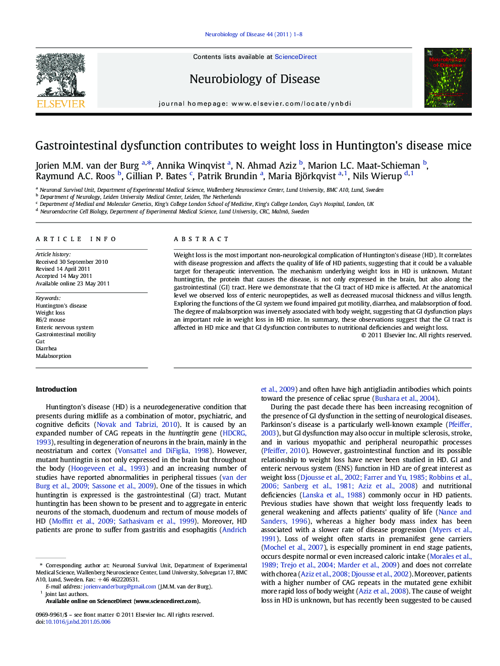 Gastrointestinal dysfunction contributes to weight loss in Huntington's disease mice