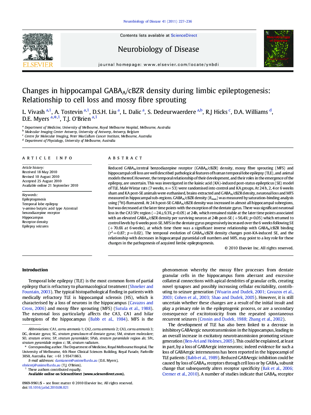 Changes in hippocampal GABAA/cBZR density during limbic epileptogenesis: Relationship to cell loss and mossy fibre sprouting