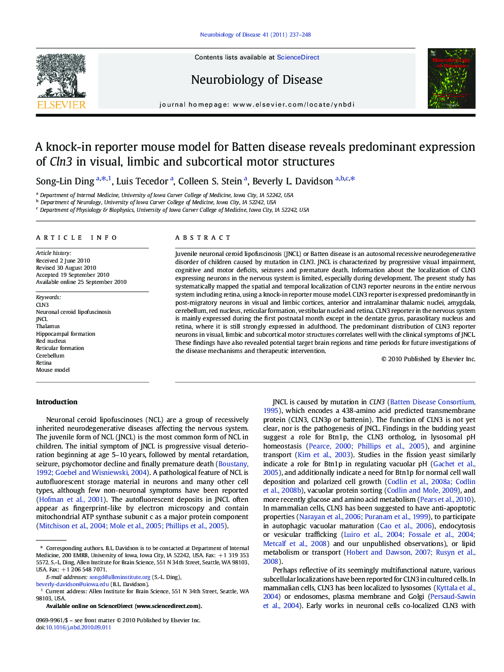 A knock-in reporter mouse model for Batten disease reveals predominant expression of Cln3 in visual, limbic and subcortical motor structures