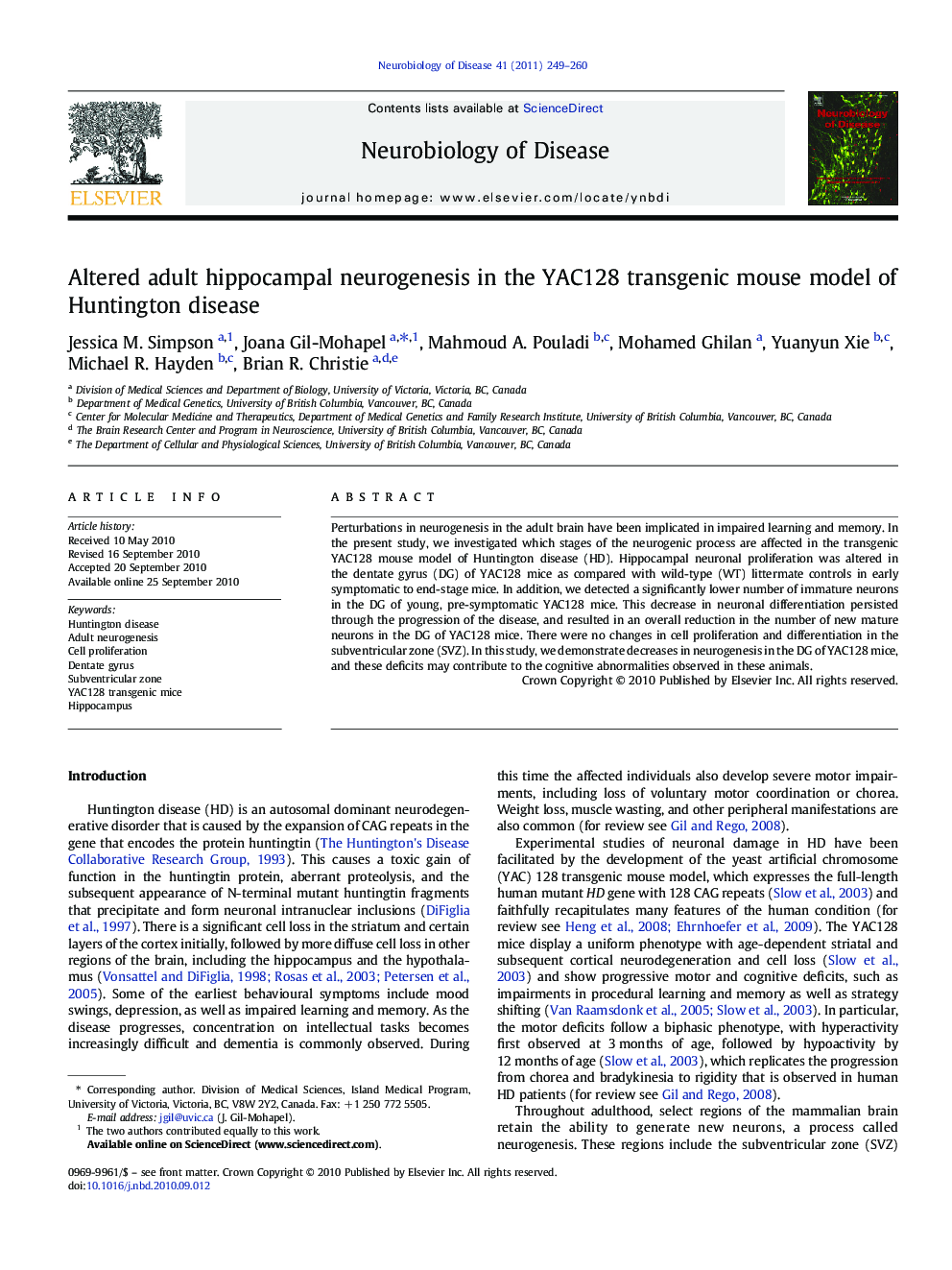 Altered adult hippocampal neurogenesis in the YAC128 transgenic mouse model of Huntington disease