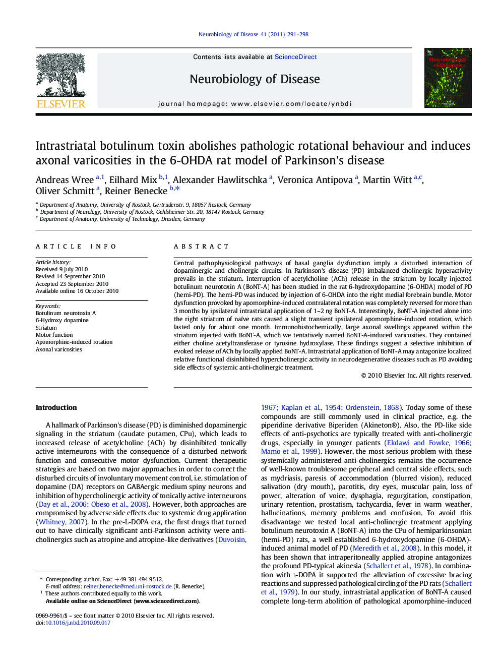 Intrastriatal botulinum toxin abolishes pathologic rotational behaviour and induces axonal varicosities in the 6-OHDA rat model of Parkinson's disease