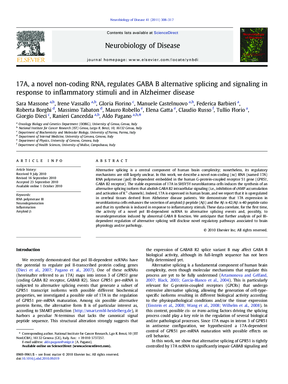 17A, a novel non-coding RNA, regulates GABA B alternative splicing and signaling in response to inflammatory stimuli and in Alzheimer disease