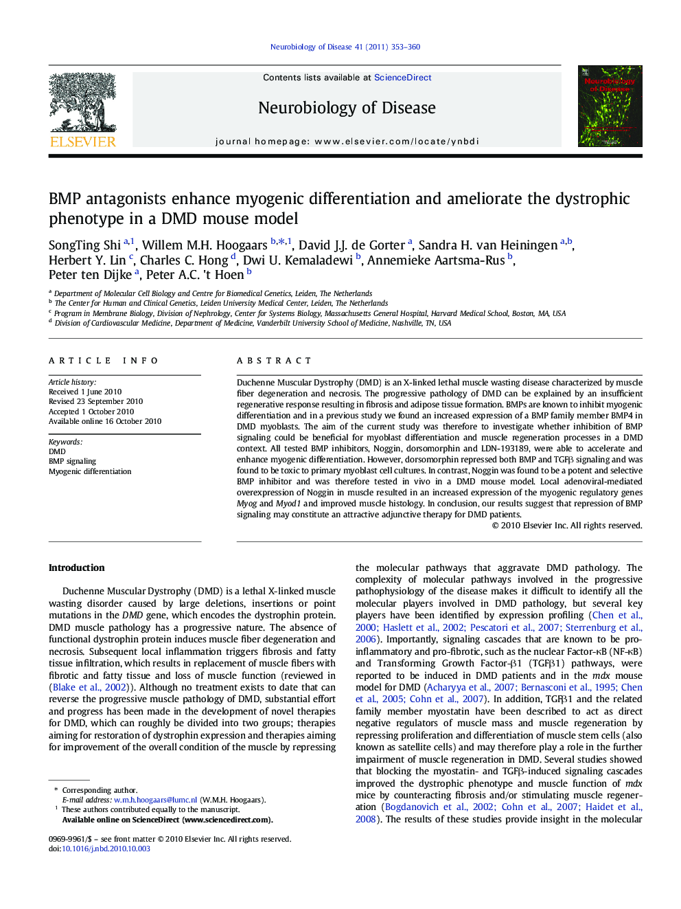 BMP antagonists enhance myogenic differentiation and ameliorate the dystrophic phenotype in a DMD mouse model