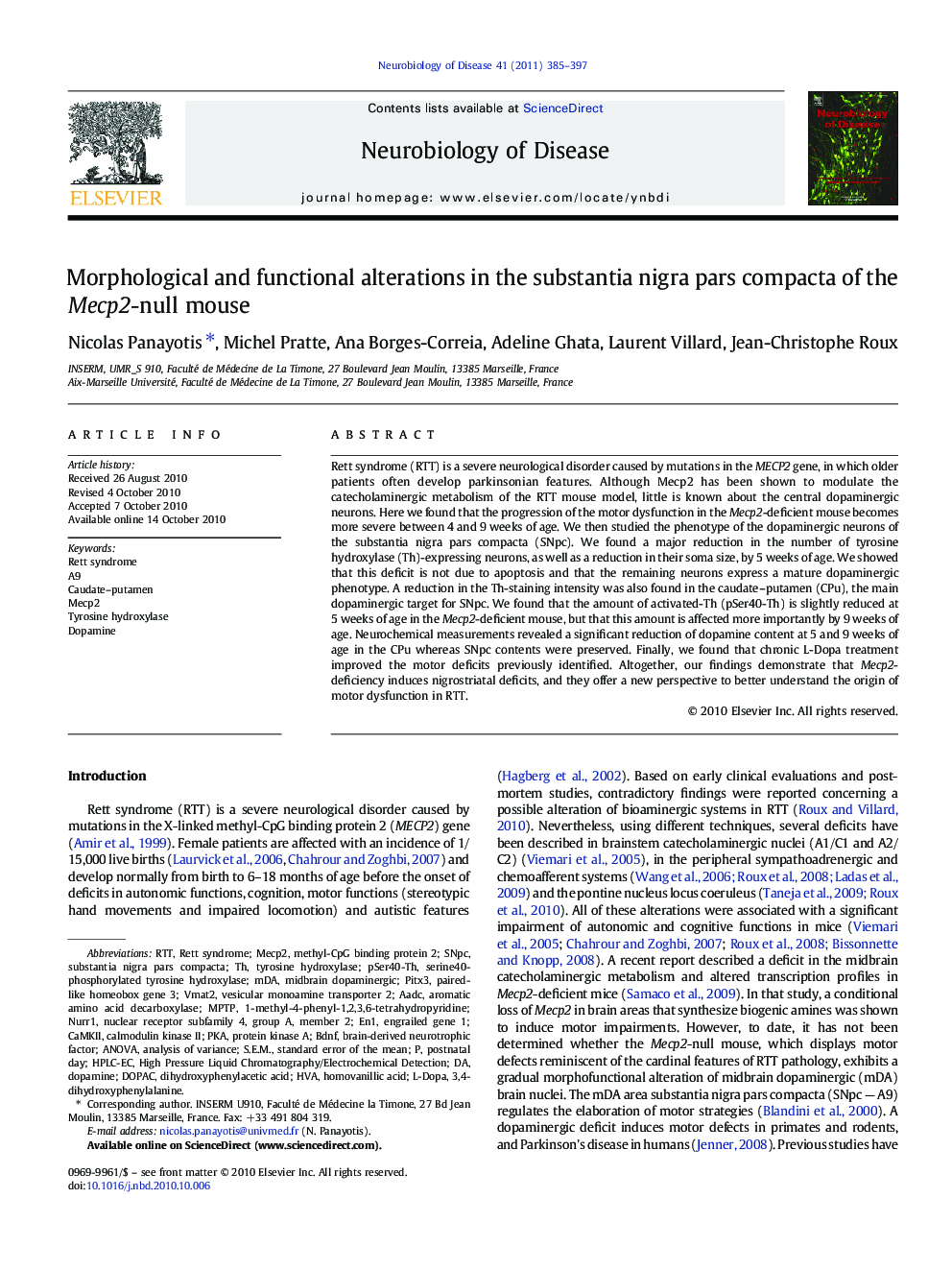 Morphological and functional alterations in the substantia nigra pars compacta of the Mecp2-null mouse