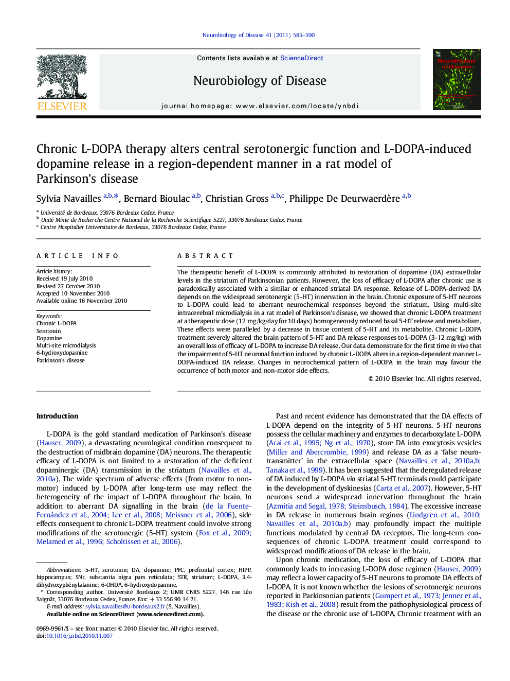 Chronic L-DOPA therapy alters central serotonergic function and L-DOPA-induced dopamine release in a region-dependent manner in a rat model of Parkinson's disease