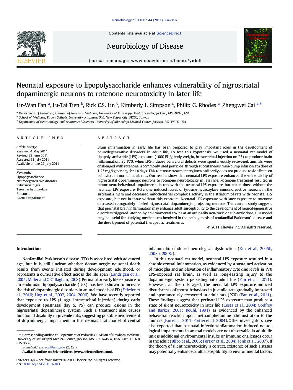 Neonatal exposure to lipopolysaccharide enhances vulnerability of nigrostriatal dopaminergic neurons to rotenone neurotoxicity in later life