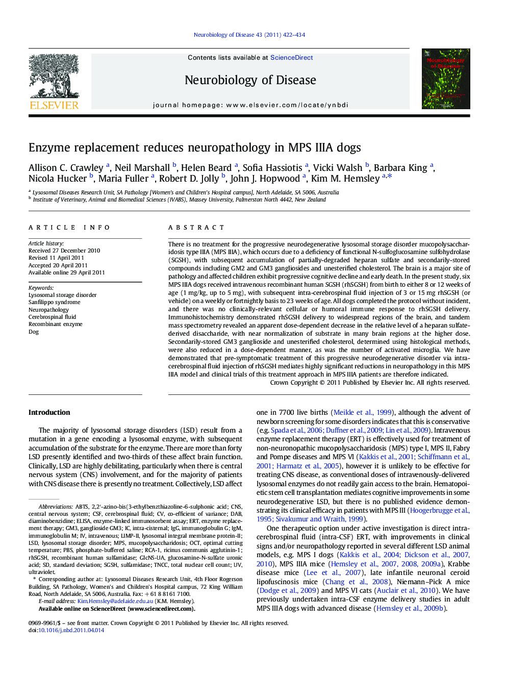 Enzyme replacement reduces neuropathology in MPS IIIA dogs