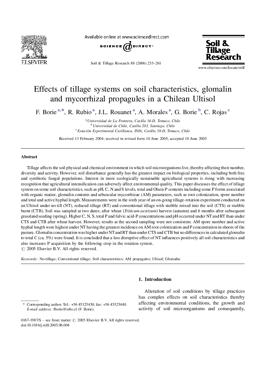 Effects of tillage systems on soil characteristics, glomalin and mycorrhizal propagules in a Chilean Ultisol