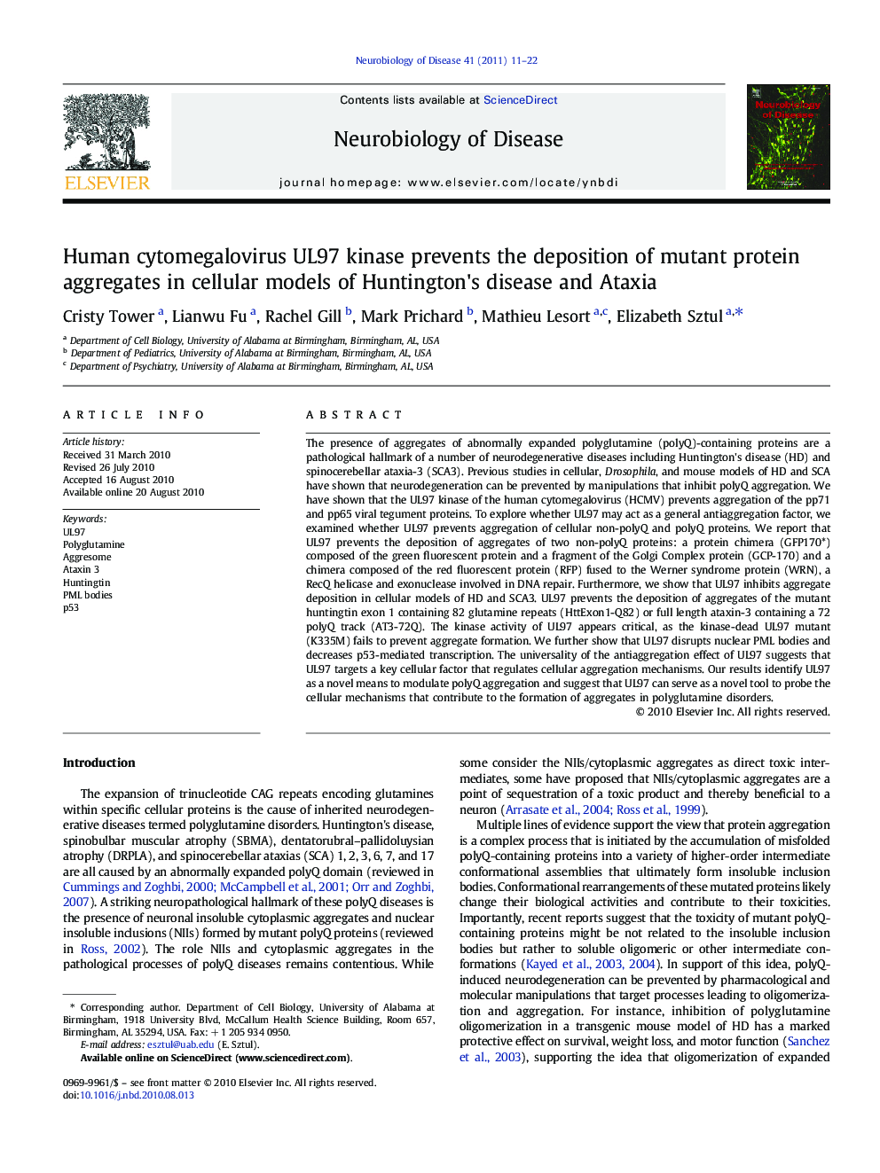 عکس صفحه اول مقاله: Human cytomegalovirus UL97 kinase prevents the deposition of mutant protein aggregates in cellular models of Huntington's disease and Ataxia Human cytomegalovirus UL97 kinase prevents the deposition of mutant protein aggregates in cellular models of Huntington's disease and Ataxia