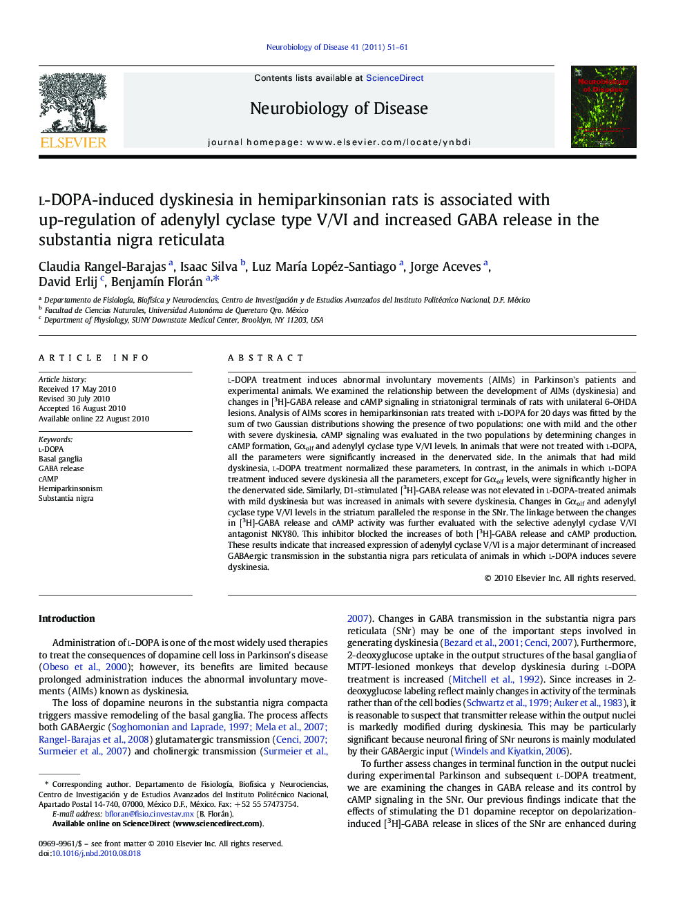 l-DOPA-induced dyskinesia in hemiparkinsonian rats is associated with up-regulation of adenylyl cyclase type V/VI and increased GABA release in the substantia nigra reticulata