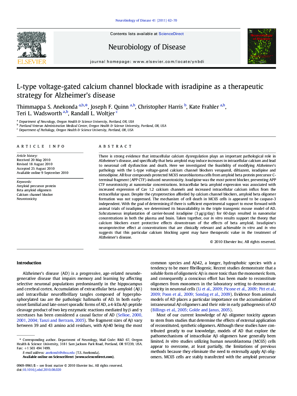 L-type voltage-gated calcium channel blockade with isradipine as a therapeutic strategy for Alzheimer's disease