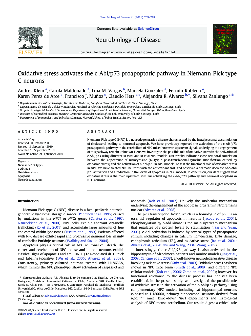 Oxidative stress activates the c-Abl/p73 proapoptotic pathway in Niemann-Pick type C neurons