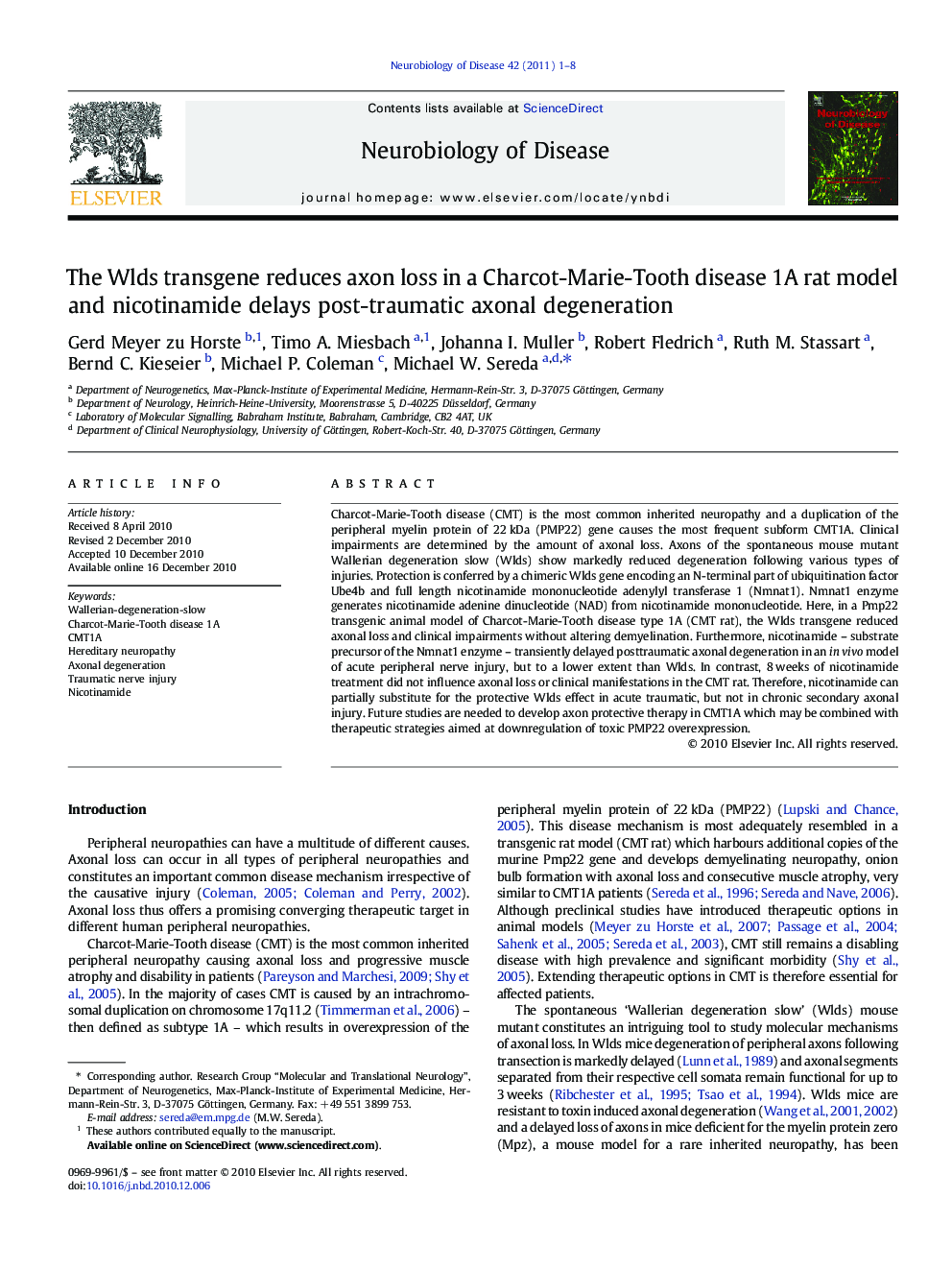 The Wlds transgene reduces axon loss in a Charcot-Marie-Tooth disease 1A rat model and nicotinamide delays post-traumatic axonal degeneration