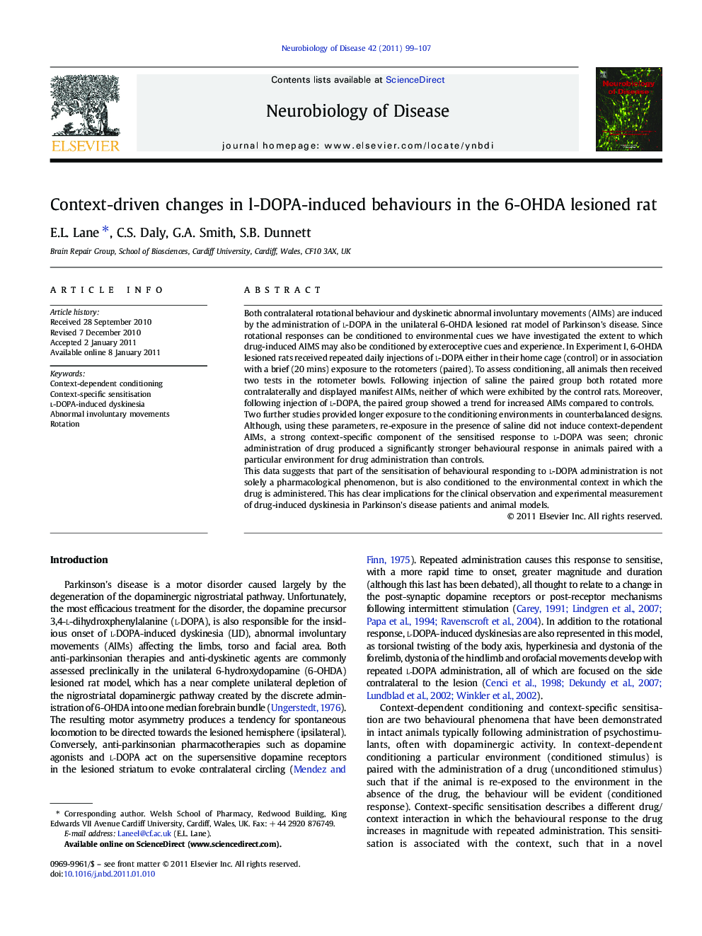 Context-driven changes in l-DOPA-induced behaviours in the 6-OHDA lesioned rat