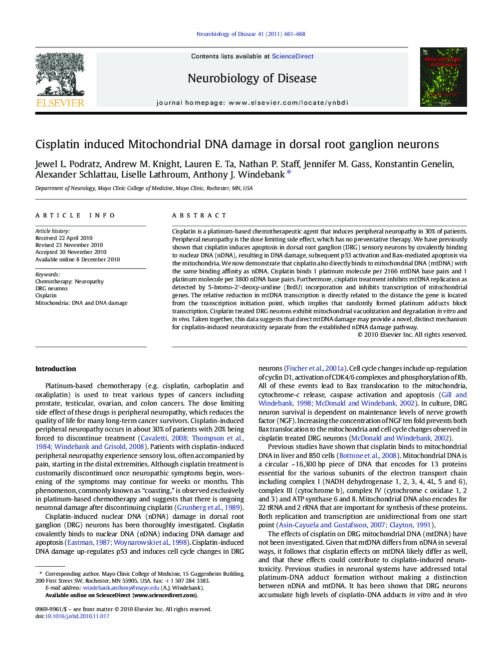 Cisplatin induced Mitochondrial DNA damage in dorsal root ganglion neurons