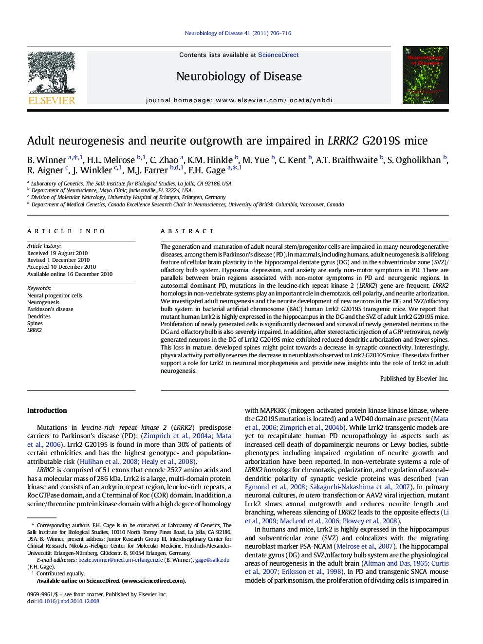 Adult neurogenesis and neurite outgrowth are impaired in LRRK2 G2019S mice