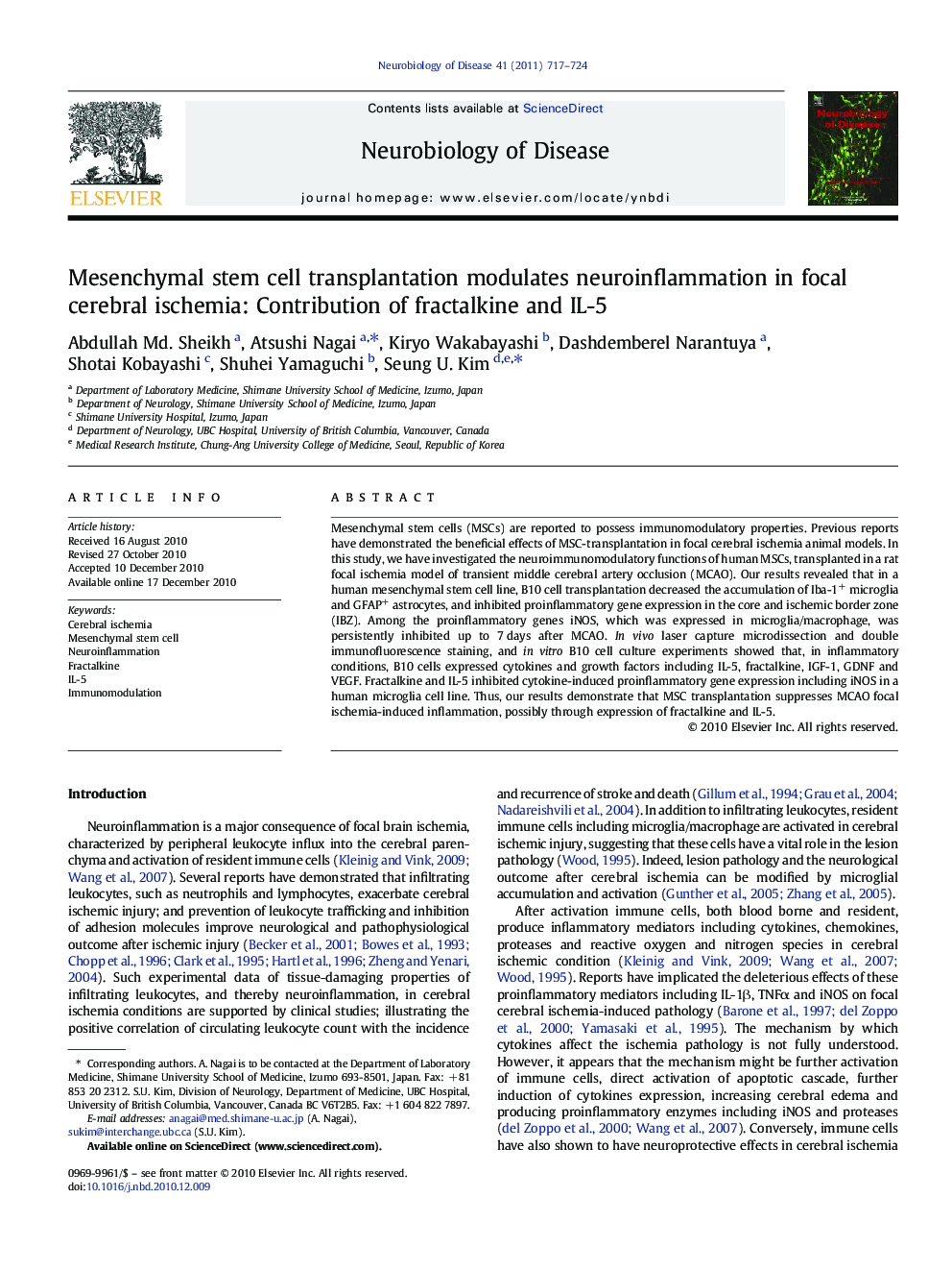 Mesenchymal stem cell transplantation modulates neuroinflammation in focal cerebral ischemia: Contribution of fractalkine and IL-5