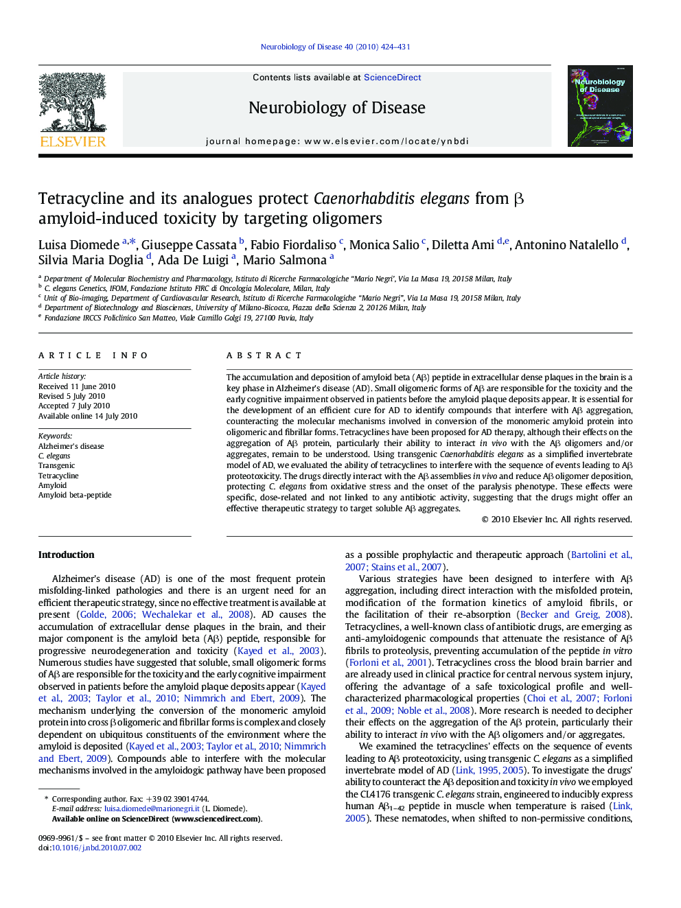 Tetracycline and its analogues protect Caenorhabditis elegans from β amyloid-induced toxicity by targeting oligomers