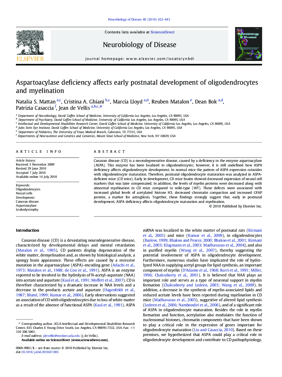 Aspartoacylase deficiency affects early postnatal development of oligodendrocytes and myelination