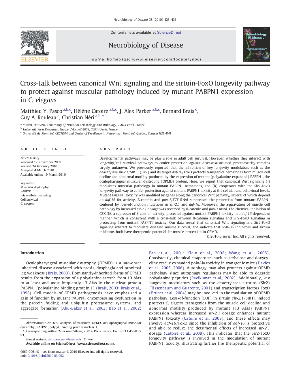 Cross-talk between canonical Wnt signaling and the sirtuin-FoxO longevity pathway to protect against muscular pathology induced by mutant PABPN1 expression in C. elegans