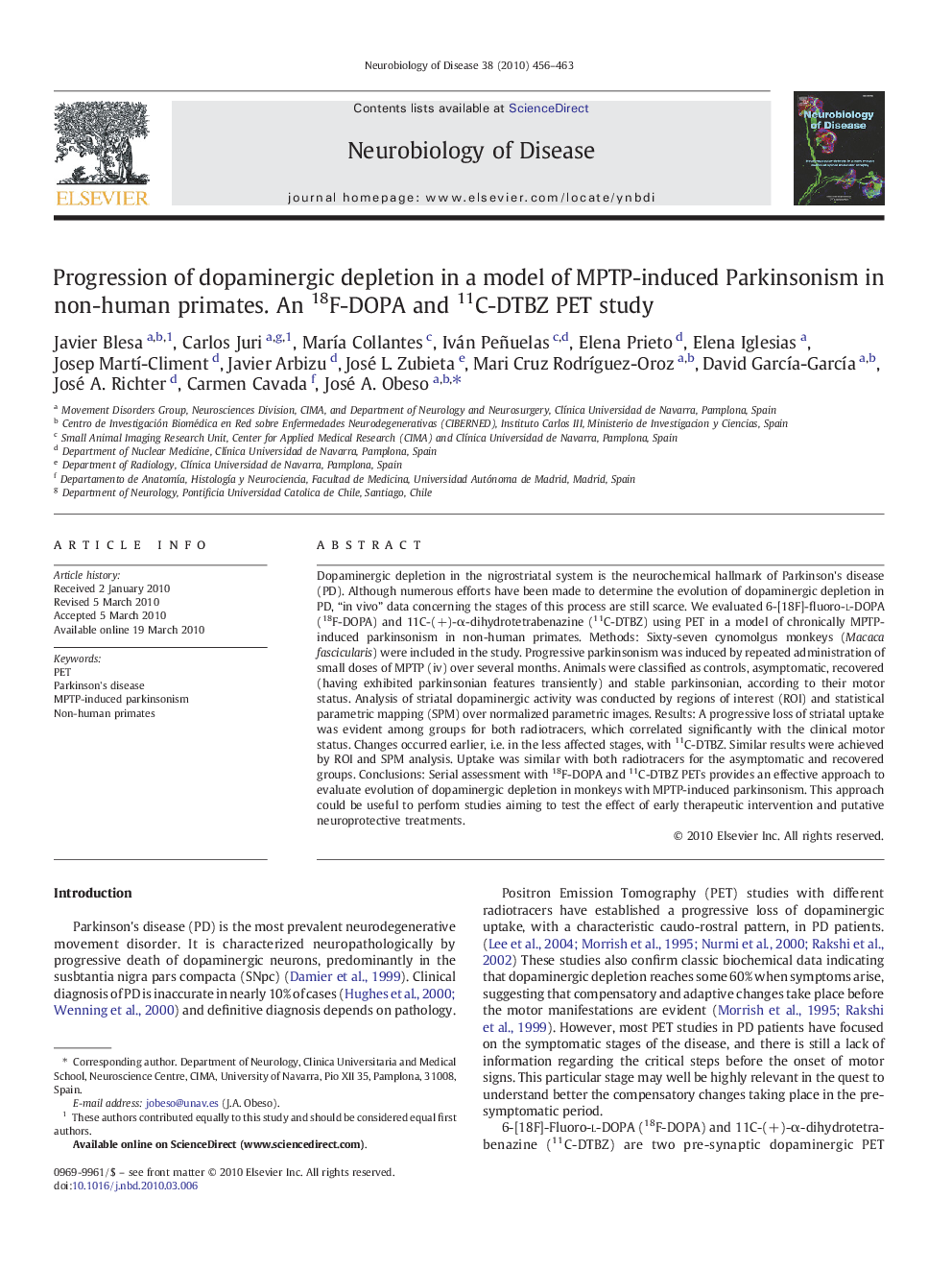 Progression of dopaminergic depletion in a model of MPTP-induced Parkinsonism in non-human primates. An 18F-DOPA and 11C-DTBZ PET study